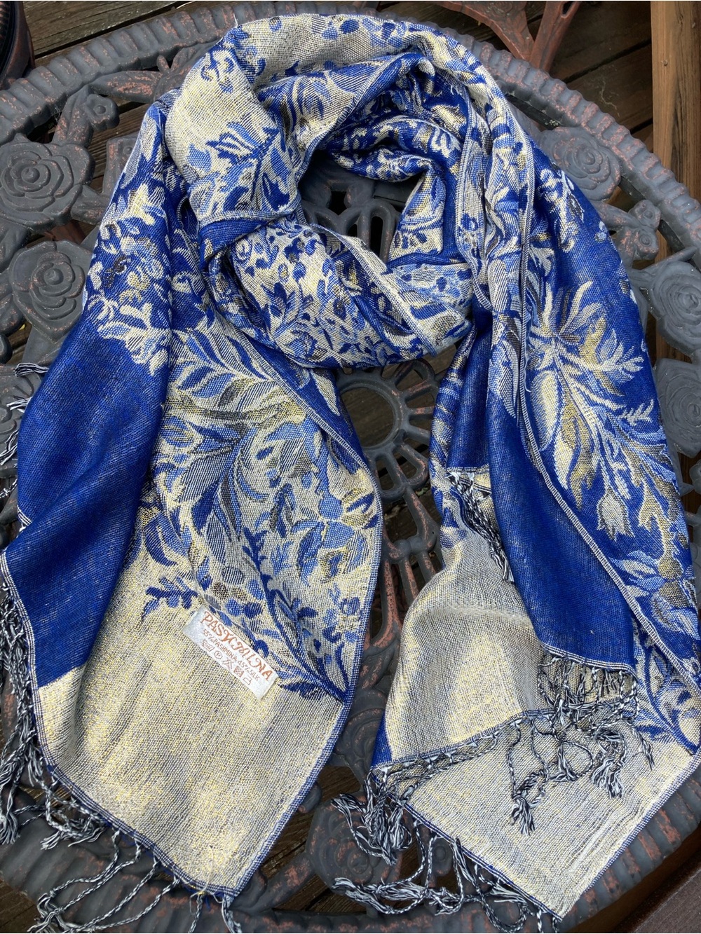 Vintage Blue and Cream Floral Pashmina Silk Blend Floral Jacquard Scarf 68”x27”